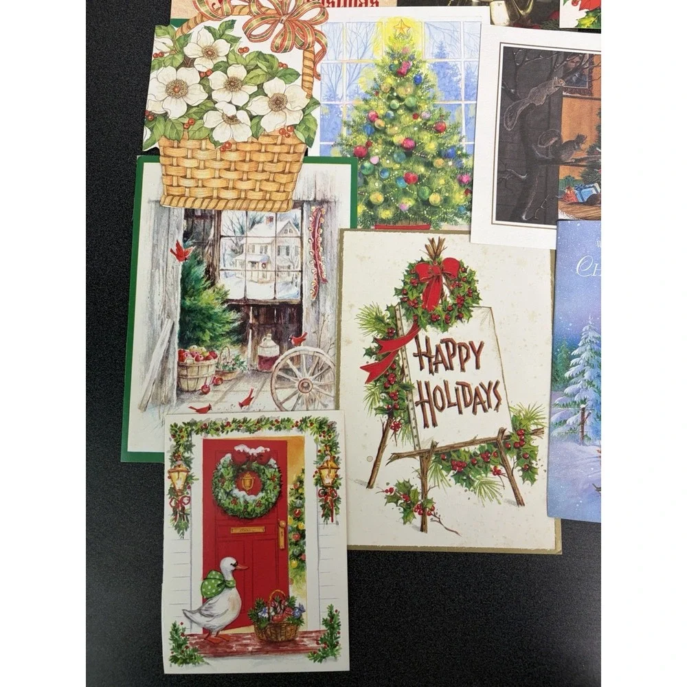 Vintage Christmas Cards Fronts ONLY Greenery Trees Wreaths Scrapbook Crafts 50+